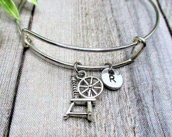 Spinning Wheel Charm Bangle Bracelet Yarn Bracelet Initial Bangle Bracelet Spinning Jewelry Gifts for Her Yarn Lover Gift