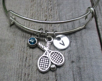 Tennis Racket Charm Bracelet W/ Birthstone Charm Initial Tennis Bangle Bracelet Sports Jewelry Gift for Her Birthday