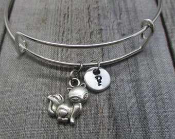 Fox Charm Bracelet Hand Stamped Initial Fox Bangle Bracelet  Adjustable Kistune Jewelry Fox Jewelry