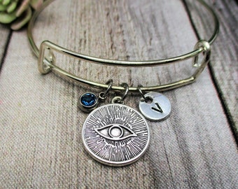 Eye Charm Bracelet W/ Birthstone Hand Stamped Initial Bangle Bracelet Eye Jewelry Gift for Her Birthday Gift