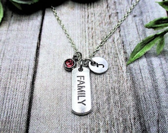 Family Necklace W/ Birthstone Hand Stamped Initial Insprtation Jewelry Gifts For Her Word Necklace Family Jewelry Family Charm Necklace