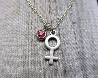 Female Sign Necklace W/ Birthstone Birth Month Jewelry Birthday Gift For Her Venus Necklace  Female Gender Necklace