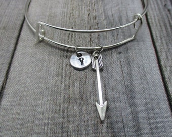 Arrow Charm Bracelet Hand Stamped Initial Arrow Bangle Bracelet  Adjustable Archery Jewelry Mom Gift