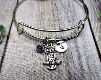 Owl Charm Bracelet W/ Birthstone Owl Lovers Initial Bangle Bracelet Animal Jewelry Gift for Her Birthday Animal Charm Bracelet