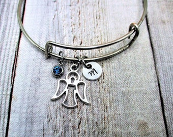 Angel Charm Bracelet W/ Birthstone Personalized Gifts For Her Angel Jewelry Bangle Jewelry