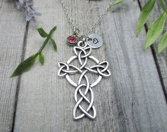 Celtic Cross Necklace W/ Birthstone Hand Stamped Initial Celtic Knot Necklace Celtic Cross Jewelry