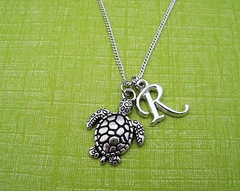 Turtle Necklace, Customized Sea Turtle Jewelry, Letter Necklace, Initial Necklace, Sea Turtle Necklace