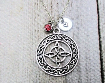 Celtic Cross Necklace W/ Birthstone Hand Stamped Initial Celtic Knot Necklace Celtic Cross Jewelry