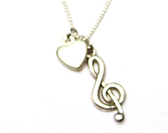 Treble Clef Necklace, I Love Music Necklace, Music Note Necklace, Music Jewelry, Muisc Lovers Gifts,  Heart Necklace, Musician Necklace