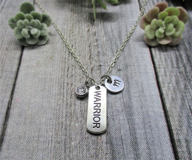 Warrior Necklace W/ Birthstone Personalized Initial Insprtation Jewelry Gifts For Her Empowering Words Necklace Warrior Jewelry image 1