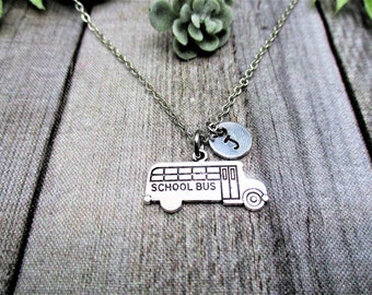 School Bus Necklace Personalized School Bus Jewelry Letter Initial Necklace Gifts For Her School Bus Charm Necklace