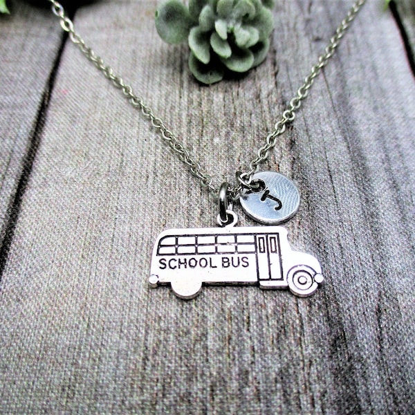 School Bus Necklace Personalized School Bus Jewelry Letter Initial Necklace Gifts For Her School Bus Charm Necklace