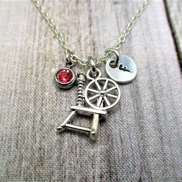 Spinning Wheel Necklace W/ Birthstone Personalized Gifts Initial Spinning Wheel Jewelry Gifts For Her Tool Necklace Tool Jewelry