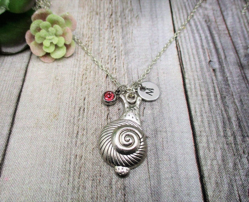 Snail Necklace W/ Birthstone Personalized Gifts For Her Initial Snail Jewelry Garden Gift image 1