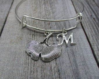 Ginkgo Leaf Charm Bracelet Bangle Bracelet W/ Initial Adjustable Leaf Gift Plant Bracelet Gifts For Mom