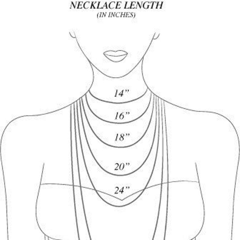 May include: A diagram showing necklace lengths in inches. The lengths are 14 inches, 16 inches, 18 inches, 20 inches, and 24 inches.