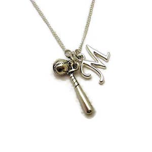 Silver Baseball Necklace, Personalized Sports Necklace, Initial Necklace, Sports Jewelry, Baseball Jewelry, Team Baseball Bat Necklace