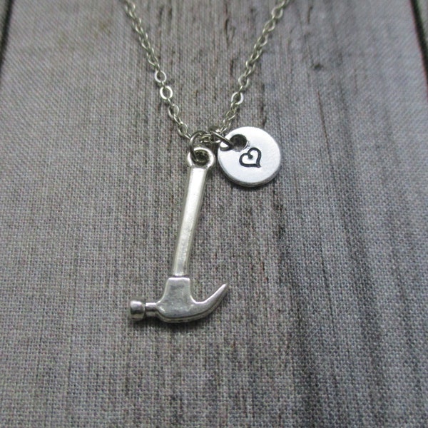 Hammer Necklace Personalized Tool Necklace  Letter Initial Hammer Jewelry  Gifts For Her / Him  Tool Jewelry