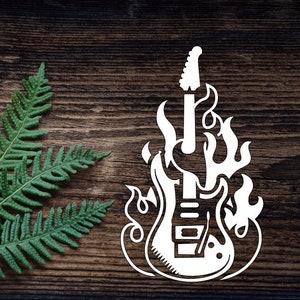 Flaming Guitar Vinyl Decal For Bumper Sticker, Laptop, Tumbler Cup, Mug, Journal, and more Music Decal image 1