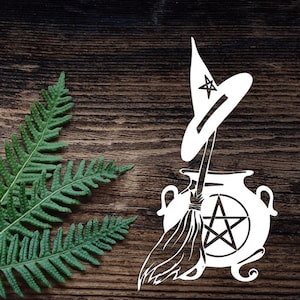 Witchcraft Vinyl Decal For Bumper Sticker, Laptop, Cars, Tumbler Cup, Mug, Pentacle Witchcraft Sticker Broom Witch Hat Cauldron Decal image 1