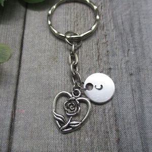 Heart Keychain Girls Gift Hand Stamped Inital Key Ring  Rose Keychain