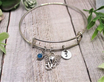 Elephant Charm Bracelet W/ Birthstone Elephant Lovers Initial Bangle Bracelet Animal Jewelry Gift for Her Birthday Animal Charm Bracelet