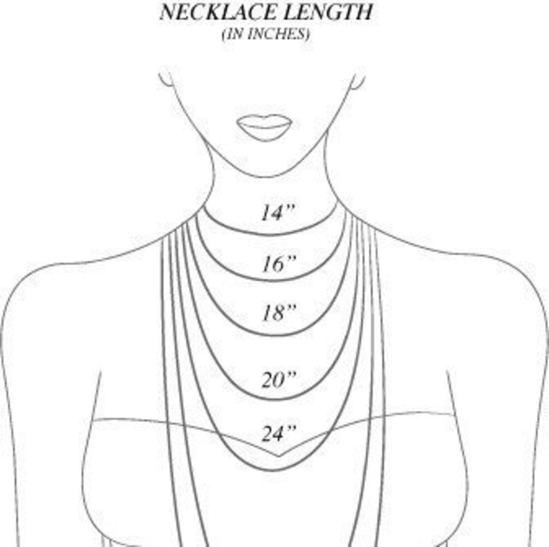 May include: A diagram showing necklace lengths in inches, ranging from 14 inches to 24 inches.