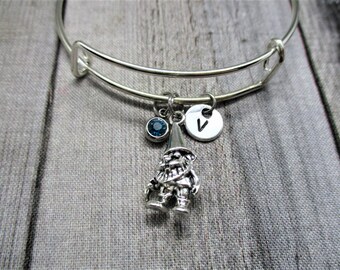 Gnome Charm Bracelet W/ Birthstone Hand Stamped Initial Bangle Bracelet Gnome Jewelry Gift for Her Birthday Gift For Fantasy  Lovers