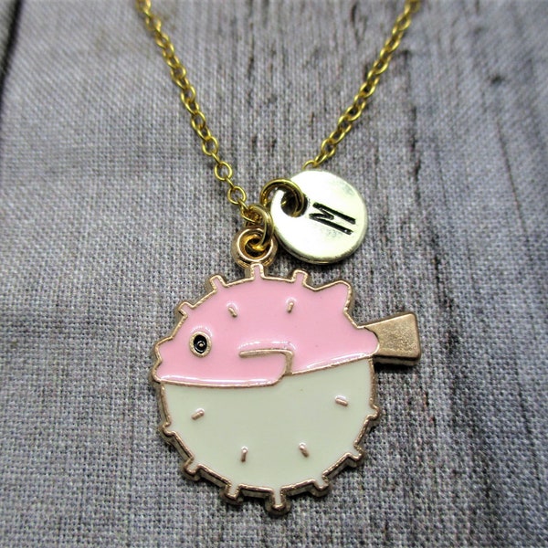 Gold Puffer Fish Necklace Personalized Letter Initial Pink Puffer Fish Jewelry Ocean Lover Gifts For Her