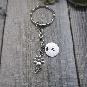Daisy Keychain Girls Gift Hand Stamped Inital Key Ring Flower Keychain