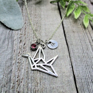 Origami Crane Necklace Birthstone Initial Necklace Personalized Gifts For Her Origami Crane Jewelry