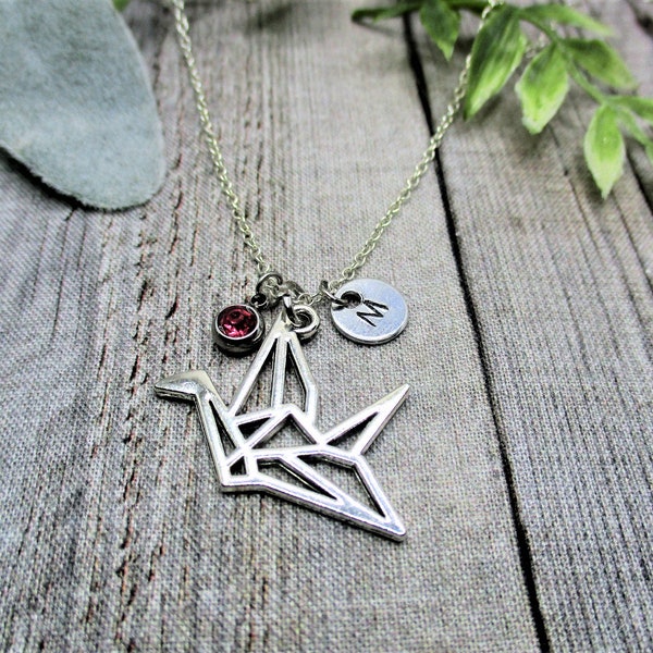 Origami Crane Necklace Birthstone Initial Necklace Personalized Gifts For Her Origami Crane Jewelry