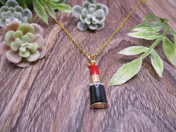 Gold Lipstick Necklace Lipstick Jewelry Gifts for Her Makeup