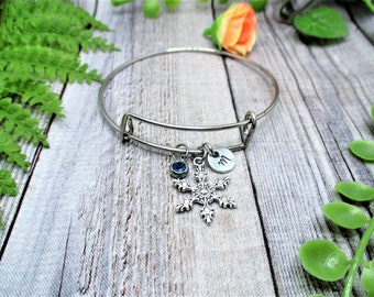 Snowflake  Bracelet W/ Birthstone Hand Stamped Personalized Gifts For Her Initial Bangle  Snowflake Jewelry