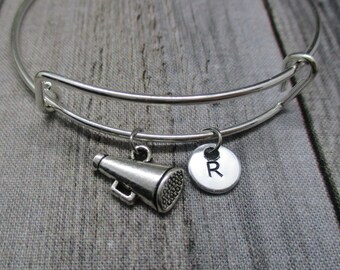 Megaphone Charm Bracelet Hand Stamped Initial Bangle Megaphone Jewelry Gifts for Her Birthday Cheer Leaders Gifts