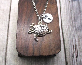 Sea Turtle Necklace Personalized Letter Initial Necklace Gifts For Her  / Him Sea Turtle Ocean Jewelry