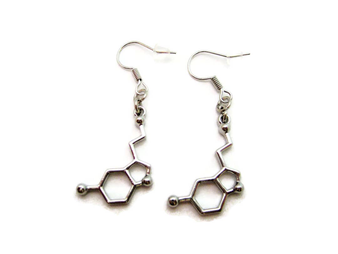 Serotonin Molecule Drop Dangle Earrings – Science Lab Rhinstone Accent, Handmade In UK