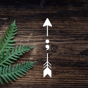 May include: A white arrow pointing upwards with a semicolon in the middle, on a brown wooden background with a green fern leaf to the left.