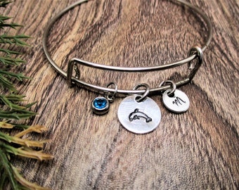 Dainty Dolphin Bangle Charm Bracelet Dolphin Jewelry Personalized Gift for Her Birthday Gift For Ocean Lovers