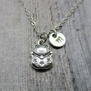 Maneki neko colar gato da sorte colar personalizado mão carimbada carta inicial presentes do gato da sorte para ela maneki neko jóias