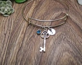 Key Charm Bracelet W Birthstone Bracelet Initial Bracelet Personalized Gifts For Girlfriend Best Friend Skeleton Key Jewelry Gift for Her