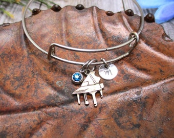 Piano Charm Bracelet W/ Birthstone Personalized Initial Bangle Piano Bracelet Music Jewelry