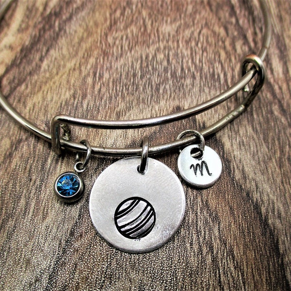 Planet Jupiter Charm Bracelet W/ Birthstone Initial  Space Bangle  Jewelry  Personalized Gifts For Her
