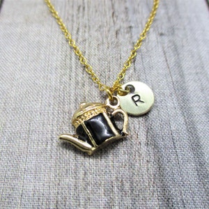 Gold Teapot Necklace Personalized Letter Initial Black Teapot Jewelry Cottagecore  Gifts For Her