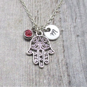 Collar Hamsa Collar de mano Hamsa Carta personalizada Regalo protector inicial para su joyería Hamsa Mes de nacimiento Piedra de nacimiento