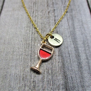 Collar con copa de vino de oro, personalizado, estampado a mano, letra inicial, joyería de vino, regalos para mamá