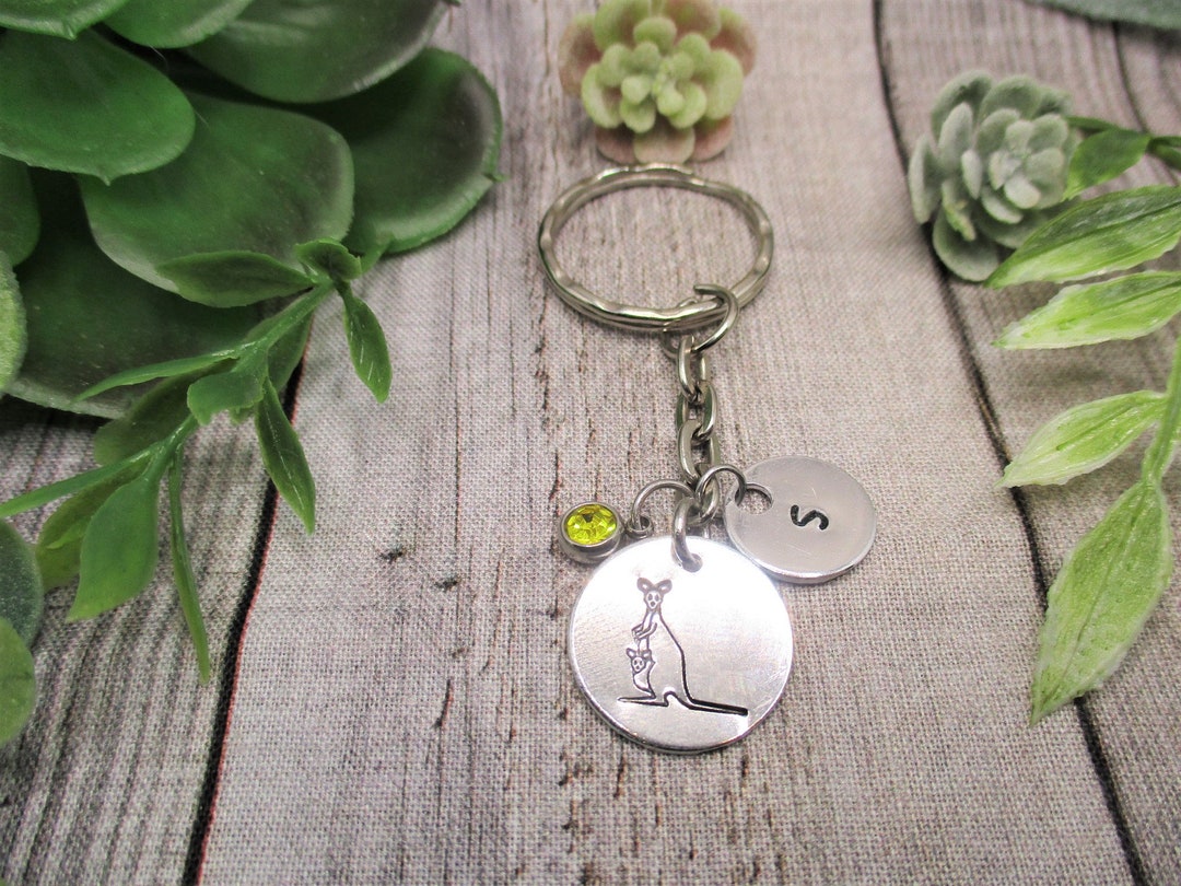 Kangaroo Keychain Personalized Handstamped Keychain Gift Custom Birthstone Keychain Gifts for
