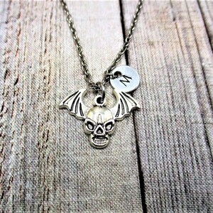 Skull Necklace  Personalized Skull Jewelry Letter Initial Necklace Gifts For Him / Her Skull Jewelry