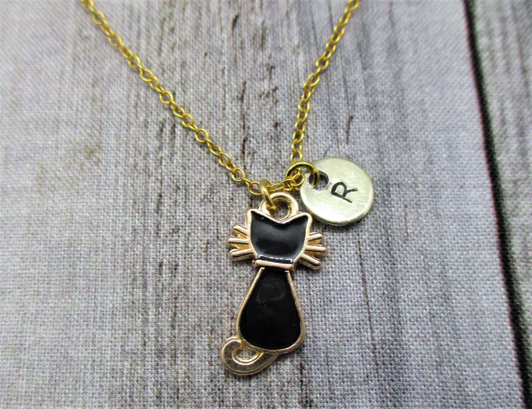 Gold Cat Necklace Customized Hand Stamped Letter Initial Cat Etsy