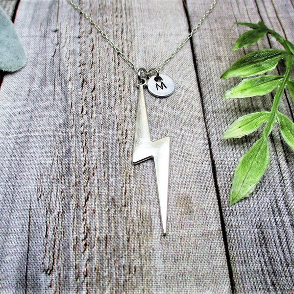 Large Lightning Necklace Personalized Gifts  Hand Stamped Letter Initial Necklace Gifts For Her / Him Lightning Bolt  Jewelry